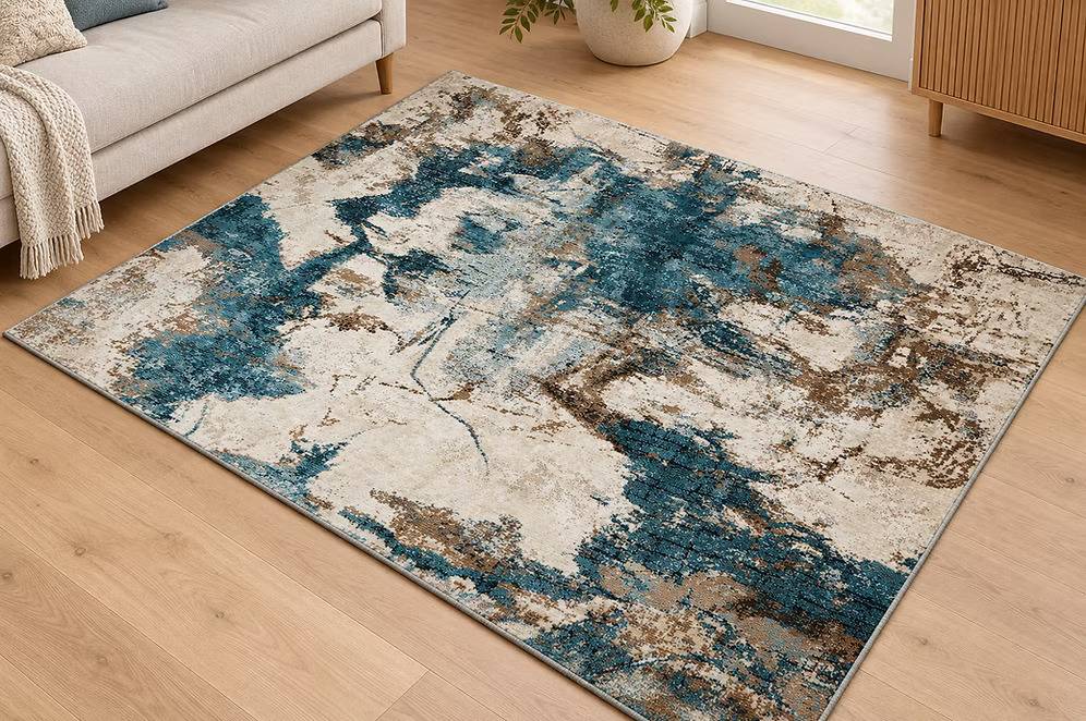 Abstract Blue Cream Area Rug – Modern Distressed Pattern Rug
