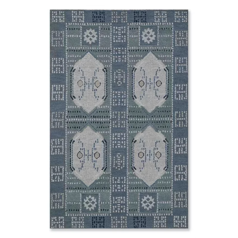Blue & Ivory Geometric Area Rug with Diamond Medallions, Hand-Tufted